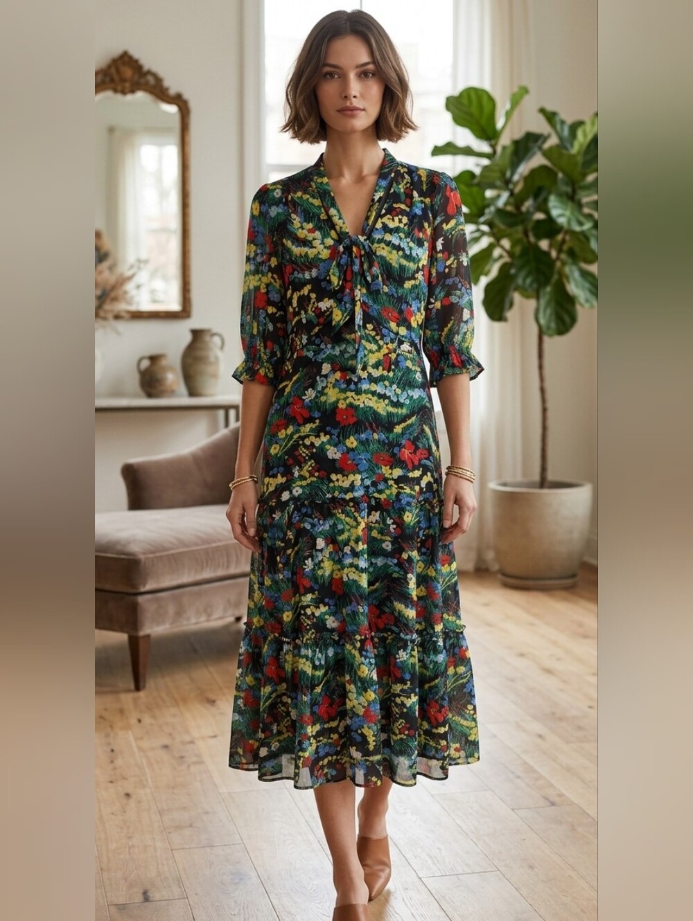 Ralph Lauren Black Floral Tie-Neck Midi Dress